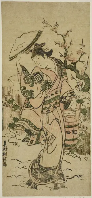 The Actor Sanogawa Mangiku as a woman walking in the snow, by Okumura Toshinobu