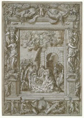 The Adoration of the Shepherds, in an architectural frame ornamented with caryatids, putti, festoons, birds, trophies etc