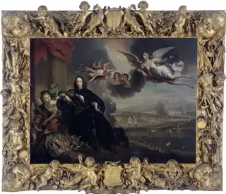 The apotheosis of Cornelis de Witt, with the raid on Chatham in the background, by Jan de Baen