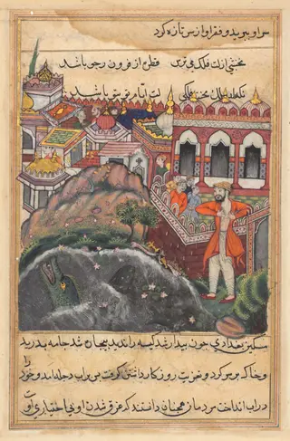 The bag of gold which he received for the slave girl being stolen in a mosque, the young man of Baghdad tears his cloths and is about to fling himself into the Tigris, from a Tuti-nama (Tales of a Parrot): Forty-eighth Night