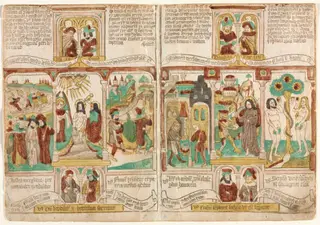 The Bible of the Poor (Biblia Pauperum),
Pharaoh's Army Drowned in the Red Sea; Baptism of Christ; and Moses' Spies Returning with Grapes from Canaan
Esau Selling Jacob his Birthright; Temptation of Christ; and Temptation of Adam and Eve