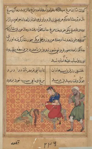 The bird of seven colors brings a sable to the pious man, from a Tuti-nama (Tales of a Parrot): Fifty-second Night