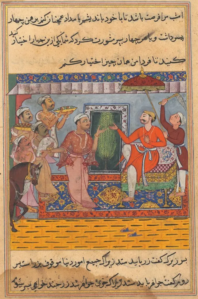 The Brahman, unable to select from the four gifts of the king of the Ocean seeks the Raja’s advice, from a Tuti-nama (Tales of a Parrot): Eleventh Night, 1560
