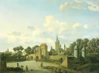 The church of St. Severin in Cologne in a fantasy setting, by Jan van der Heyden