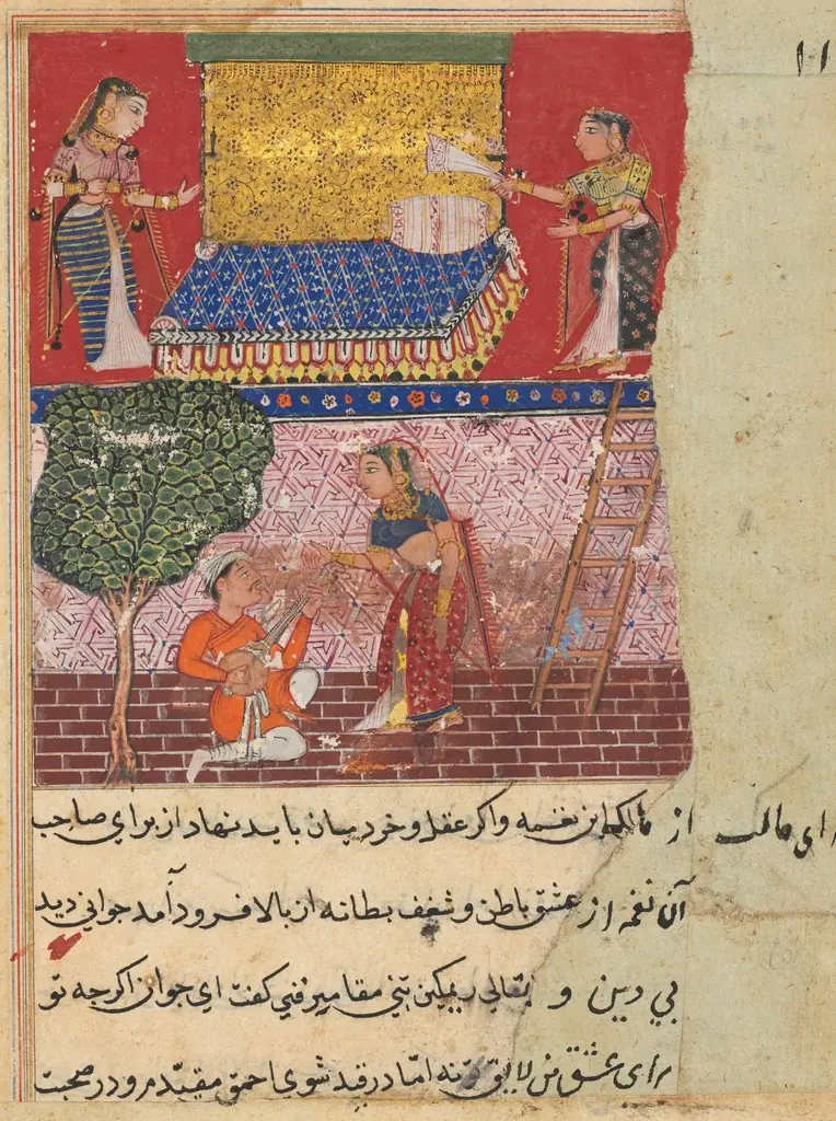 The daughter-in-law of the king of Banaras, charmed by the music of a vagabond, comes down to meet him, from a Tuti-nama (Tales of a Parrot): Sixteenth Night
