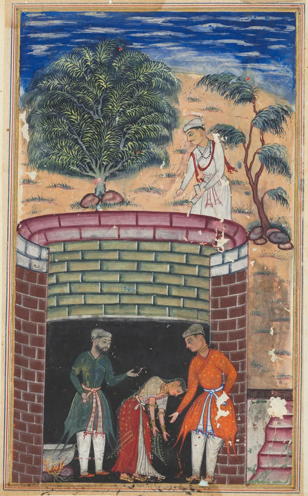 The daughter of the king of the jinns bows before the King of Kings who has just undergone the ordeal of passing through the boiling oil to emerge as a youth, from a Tuti-nama (Tales of a Parrot): Seventh Night, unspecified, 1560