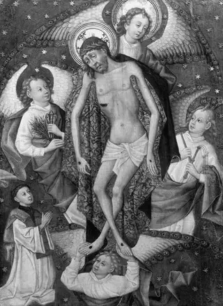 The dead Christ raised by four angels with a donor figure