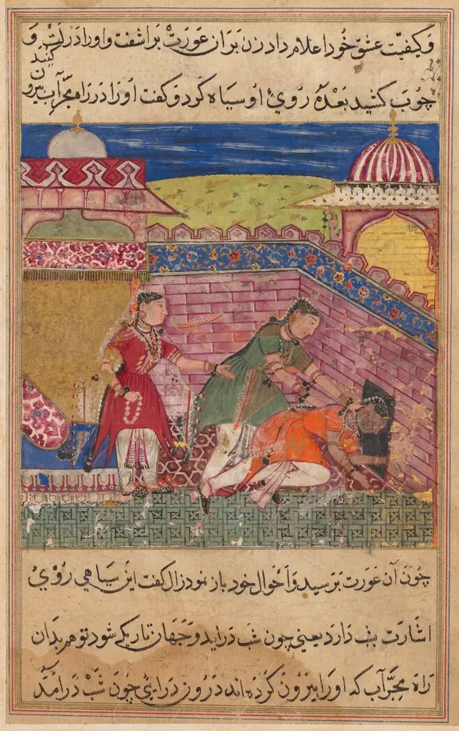The deceitful wife ejects the procuress after blackening her face, from a Tuti-nama (Tales of a Parrot): Eighth Night