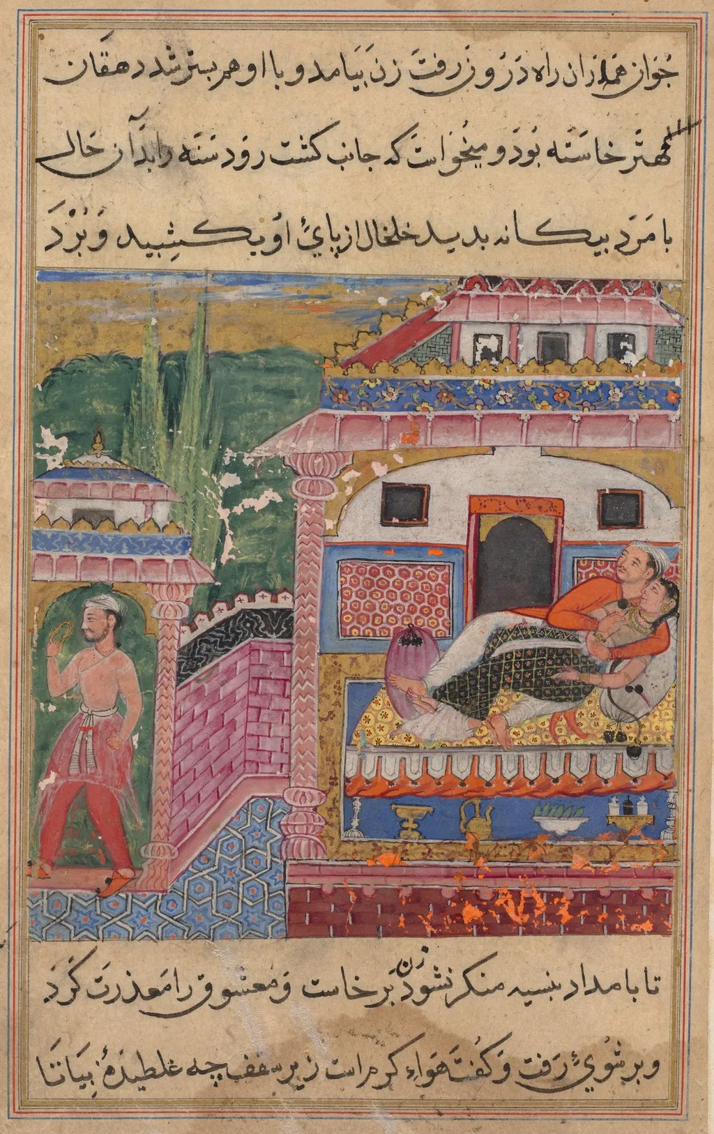 The deceitful wife persuades her husband to sleep in the same place where she had previously slept with her lover, from a Tuti-nama (Tales of a Parrot): Eighth Night, unspecified, 1560
