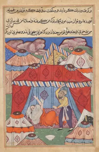 The disguised Arab, substituting for Habbaza, is whipped by her husband for refusing a bowl of milk, from a Tuti-nama (Tales of a Parrot): Twenty-fourth Night
