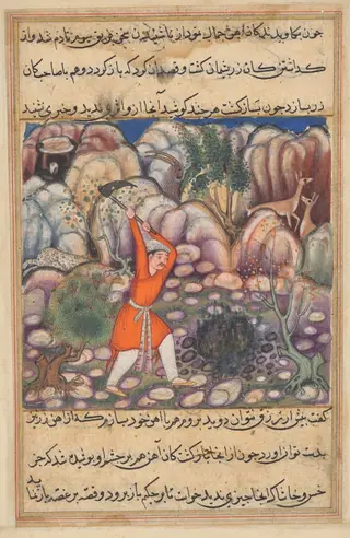 The fourth man digs at the spot where he dropped the shell, expecting jewels, but discovering mere iron, from a Tuti-nama (Tales of a Parrot): Forty-seventh Night
