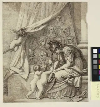 The genius of painting. Minerva instructing putti in the art of painting. Design for Pierre Condé's etching, Memorial to Robert Udney Esq.