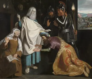 The ghost of Samuel appears to the witch of Endor; Saul falls prostrate to the ground (1 Samuel 28:3-20)