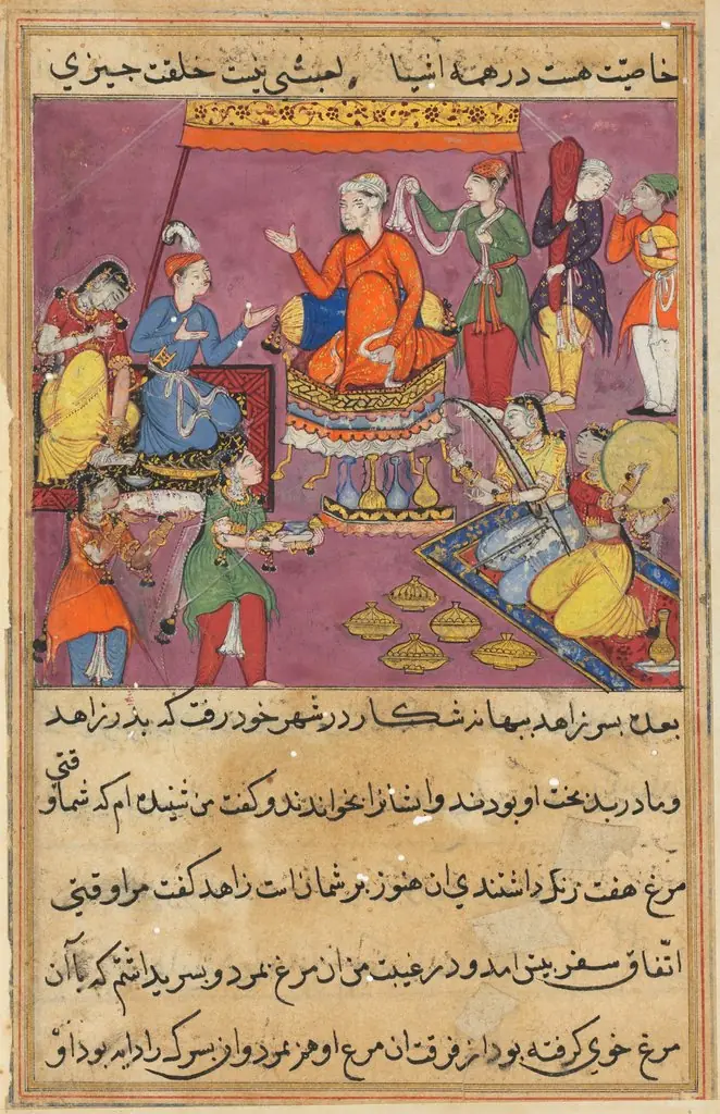 The king gives his daughter in marriage to the pious man’s son, from a Tuti-nama (Tales of a Parrot): Fifty-second Night