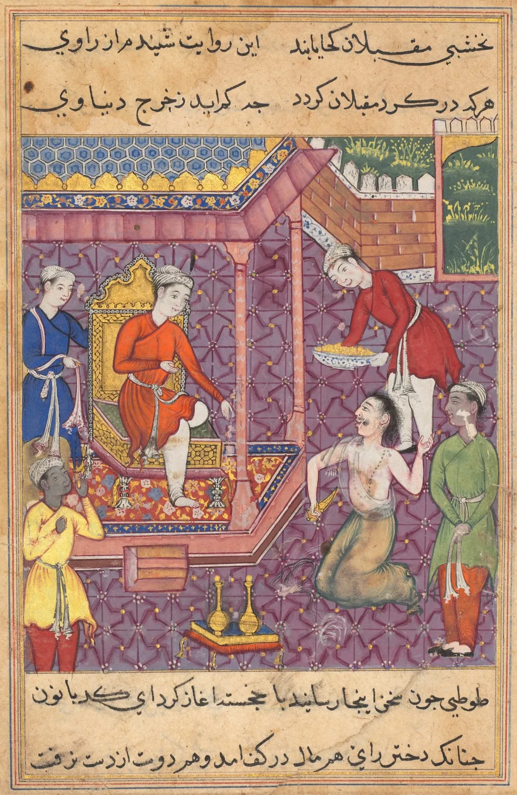 The magician disguised as a Brahman returns to claim his “daughter-in-law,” from a Tuti-nama (Tales of a Parrot): Thirty-fifth Night, unspecified, 1560