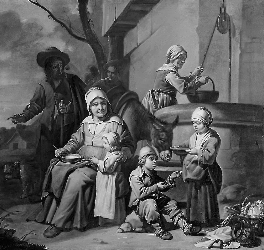 Peasant Family at a Well, by The Master of the Children's Caps, oil, 1655