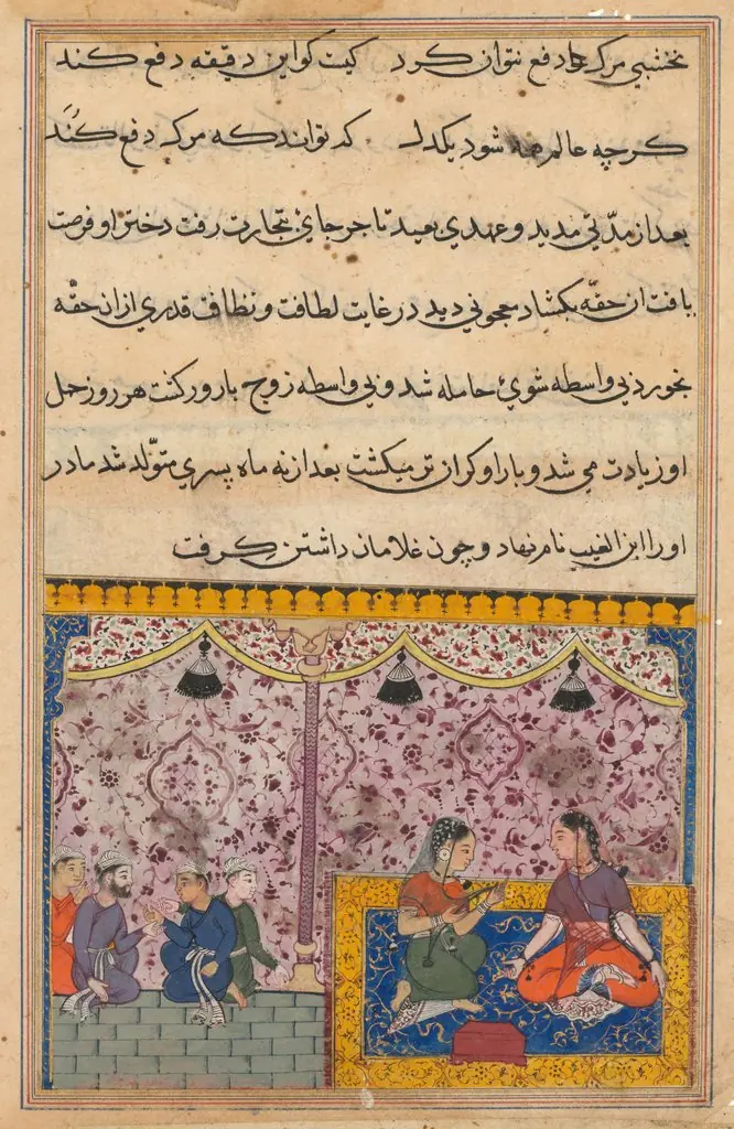 The merchant’s daughter gives birth to a son as a result of eating out of the box. The clever child recognizes the false gems from true, from a Tuti-nama (Tales of a Parrot): Twenty-third Night