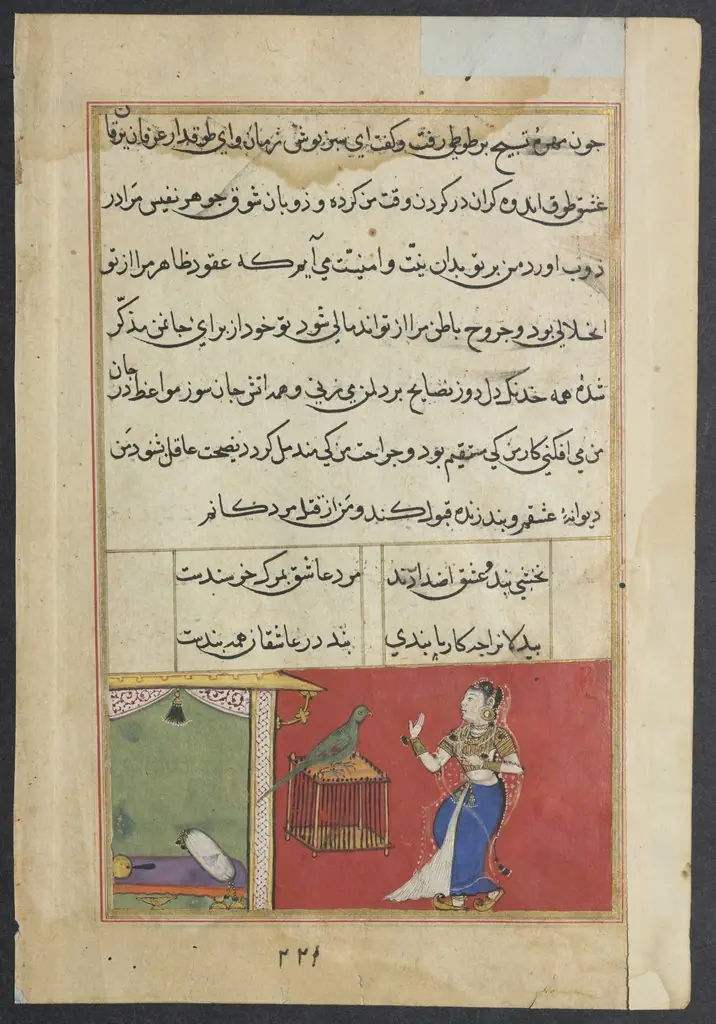 The parrot addresses Khujasta at the beginning of the forty-seventh night, from a Tuti-nama (Tales of a Parrot): Forty-seventh Night