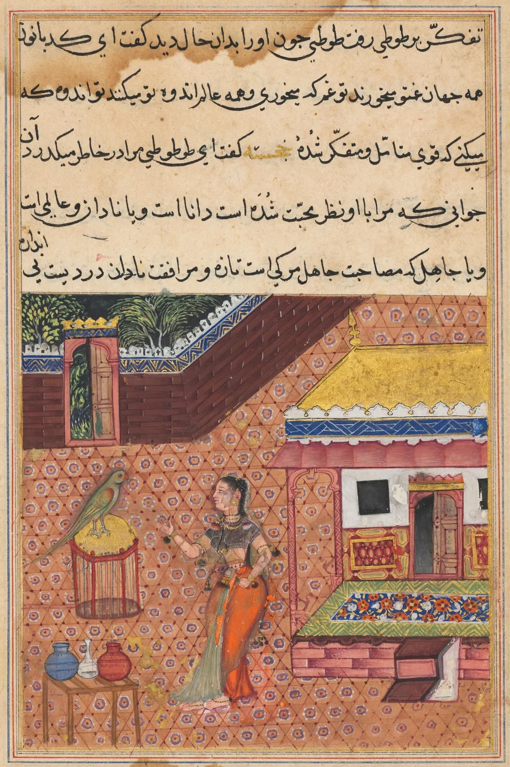 The parrot addresses Khujasta at the beginning of the thirty-fourth night, from a Tuti-nama (Tales of a Parrot), unspecified, 1560