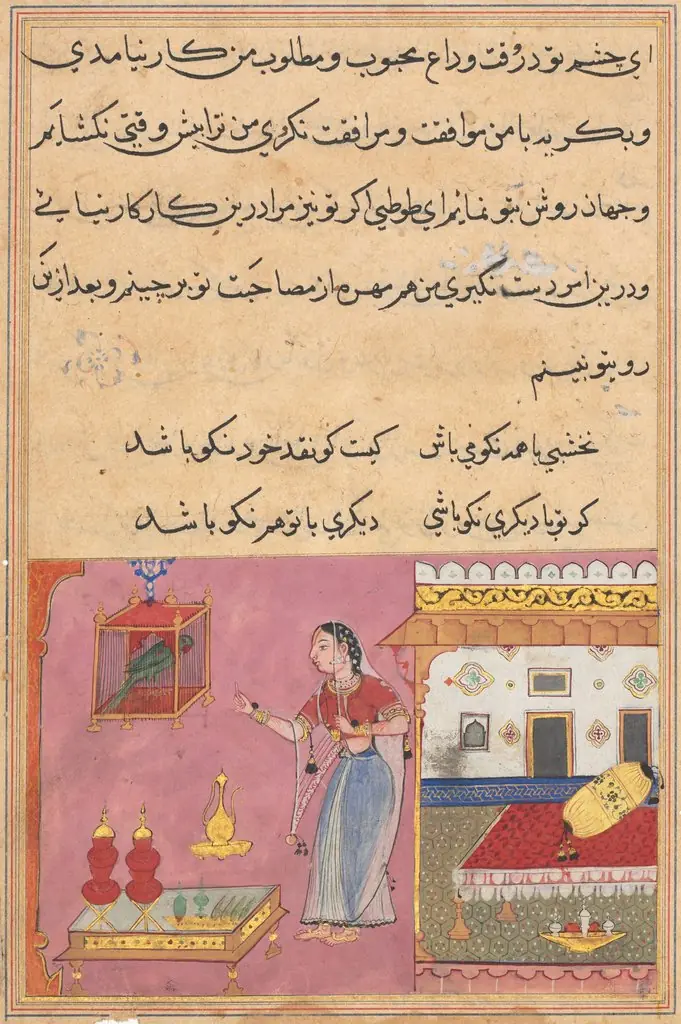 The Parrot Addresses Khujasta at the Beginning of the Twentieth Night, from a Tuti-nama (Tales of a Parrot)
