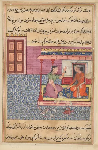 The pious man’s wife offers the seven-colored bird as food to her lover, but not finding its head, he breaks the pot and bowl in anger, from a Tuti-nama (Tales of a Parrot): Fifty-second Night