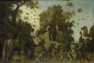 The poet crowned by two apes at the feast of the animals, by Roelant Savery