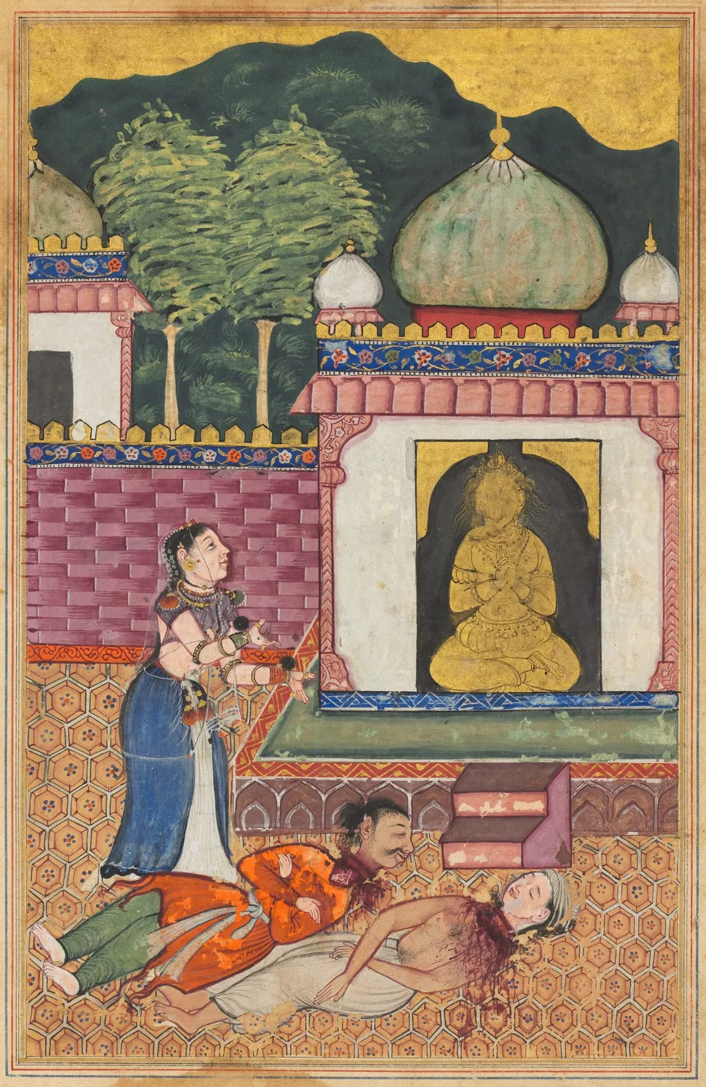 The princess discovers the dead bodies, with heads severed, of her husband and his Brahman friend, from a Tuti-nama (Tales of a Parrot): Thirty-fourth Night, unspecified, 1560