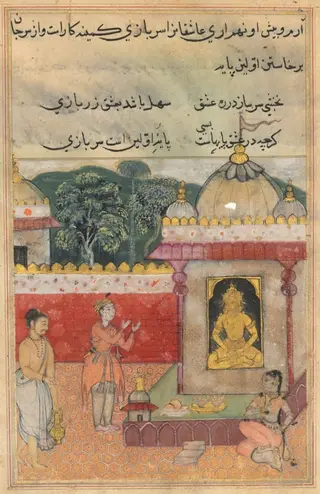 The Raja’s son vows to sever his head and offer it to the image if he is united with the princess he has seen in the temple, from a Tuti-nama (Tales of a Parrot): Thirty-fourth Night
