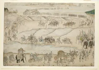 The royal procession of Shah Alam II proceeding to Delhi along the banks of the channels of the river Jumna and crossing a bridge of boats.