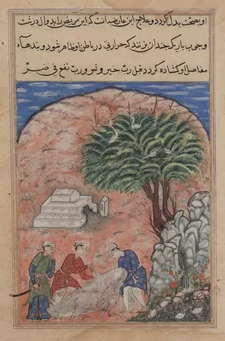 The suitors take the devotee’s daughter out of her tomb after breaking it open, when the physician discovers she is still alive, from a Tuti-nama (Tales of a Parrot): Twentieth Night