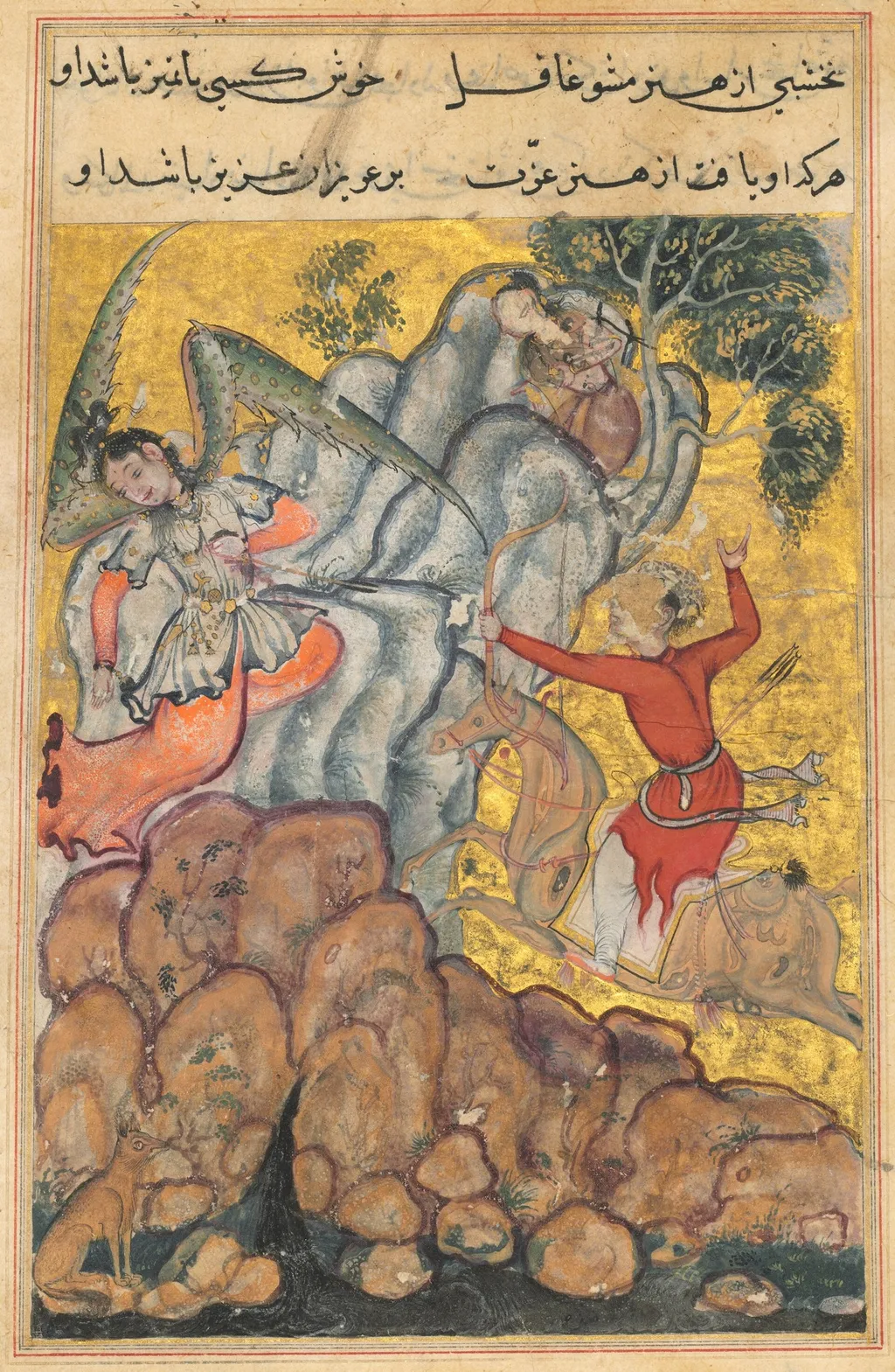 The third suitor, who is an archer, shoots the wicked fairy who has imprisoned Zuhra. He rides on a magic horse prepared by the second suitor and is led to the spot by the divining prowess of the first, from a Tuti-nama (Tales of a Parrot): Thirty-fo, unspecified, 1560