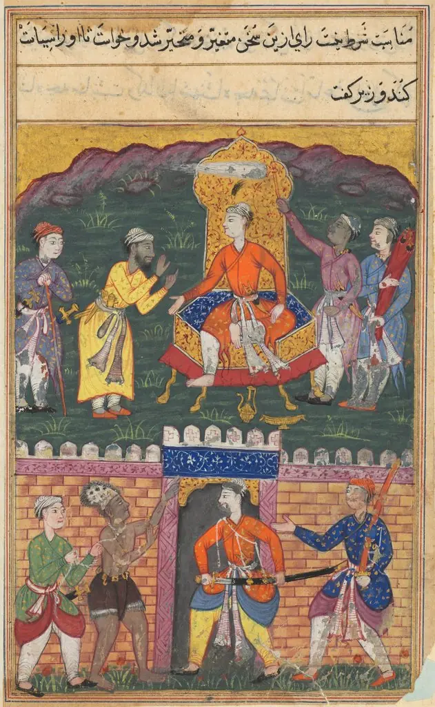 The vizier dissuades the king of Bahilistan from executing the dervish who asks for his daughter’s hand in marriage, from a Tuti-nama (Tales of a Parrot): Seventh Night