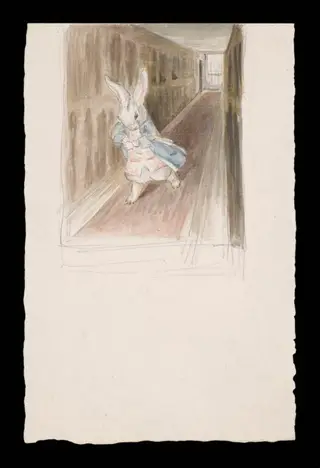 The White Rabbit running along a long panelled corridor