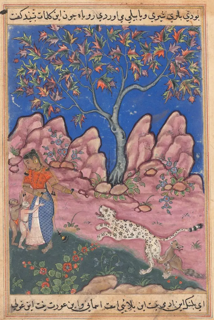 The woman conversing with her children, as the leopard returns, egged on by a fox who is tied to his leg, from a Tuti-nama (Tales of a Parrot): Thirtieth Night