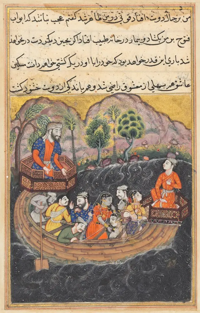 The young man of Baghdad joins the Hashimi’s boat as a sailor to find his slave-girl on board, from a Tuti-nama (Tales of a Parrot): Forty-eighth Night