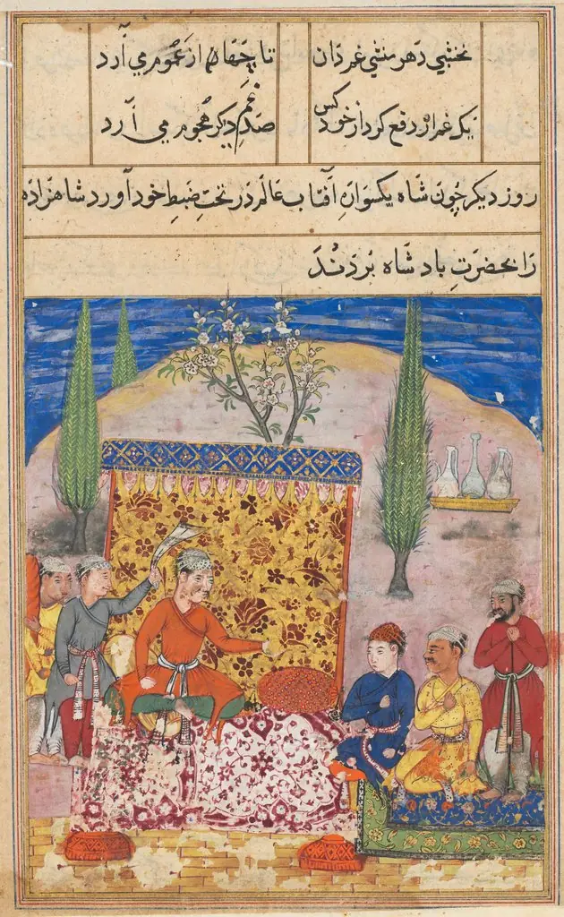 The young prince is presented to the king, his father, by his teacher, but refuses to speak, from a Tuti-nama (Tales of a Parrot): Eighth Night