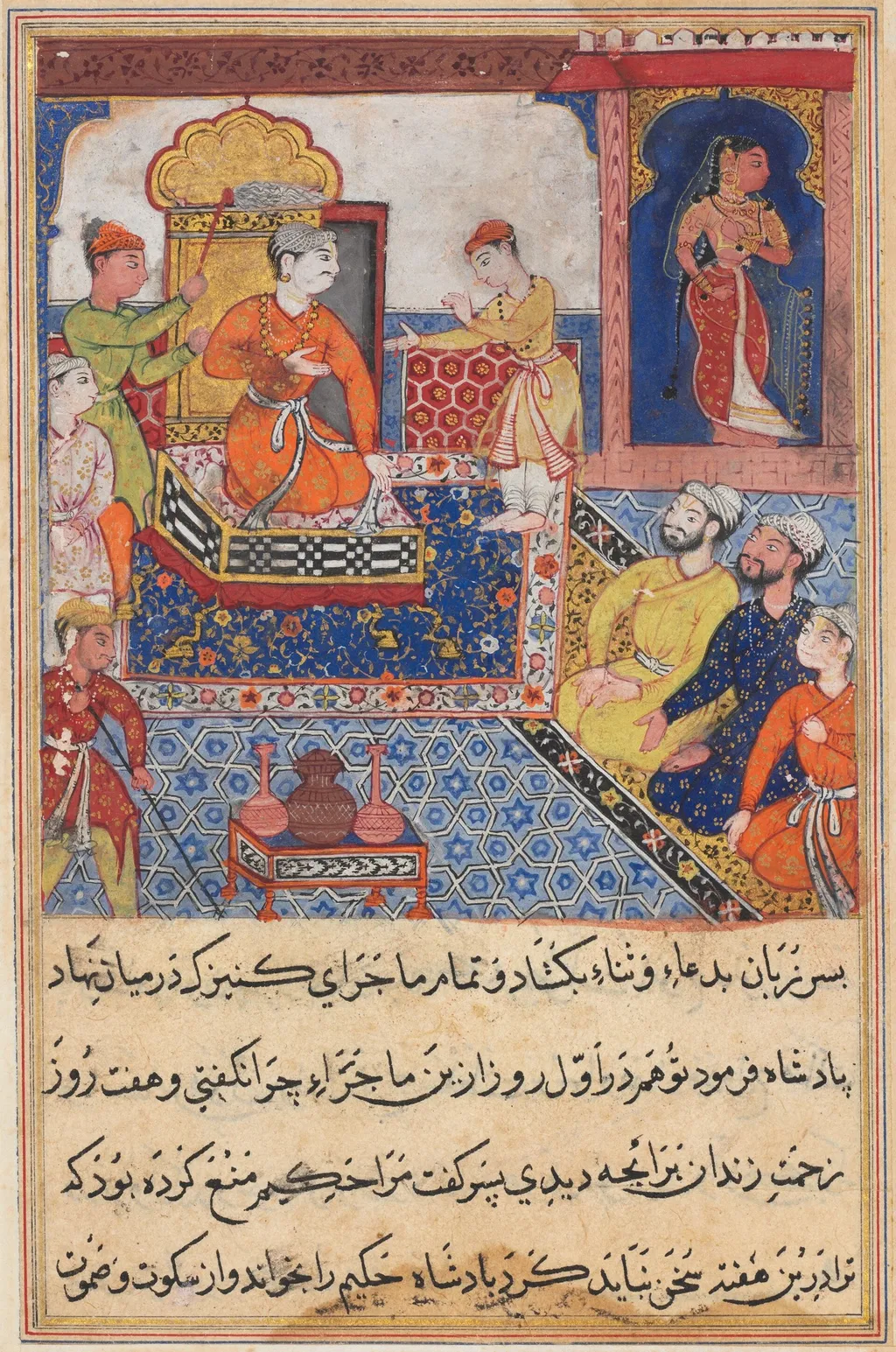 The young prince recounts his experiences to his father, the king, from a Tuti-nama (Tales of a Parrot): Eighth Night, unspecified, 1560