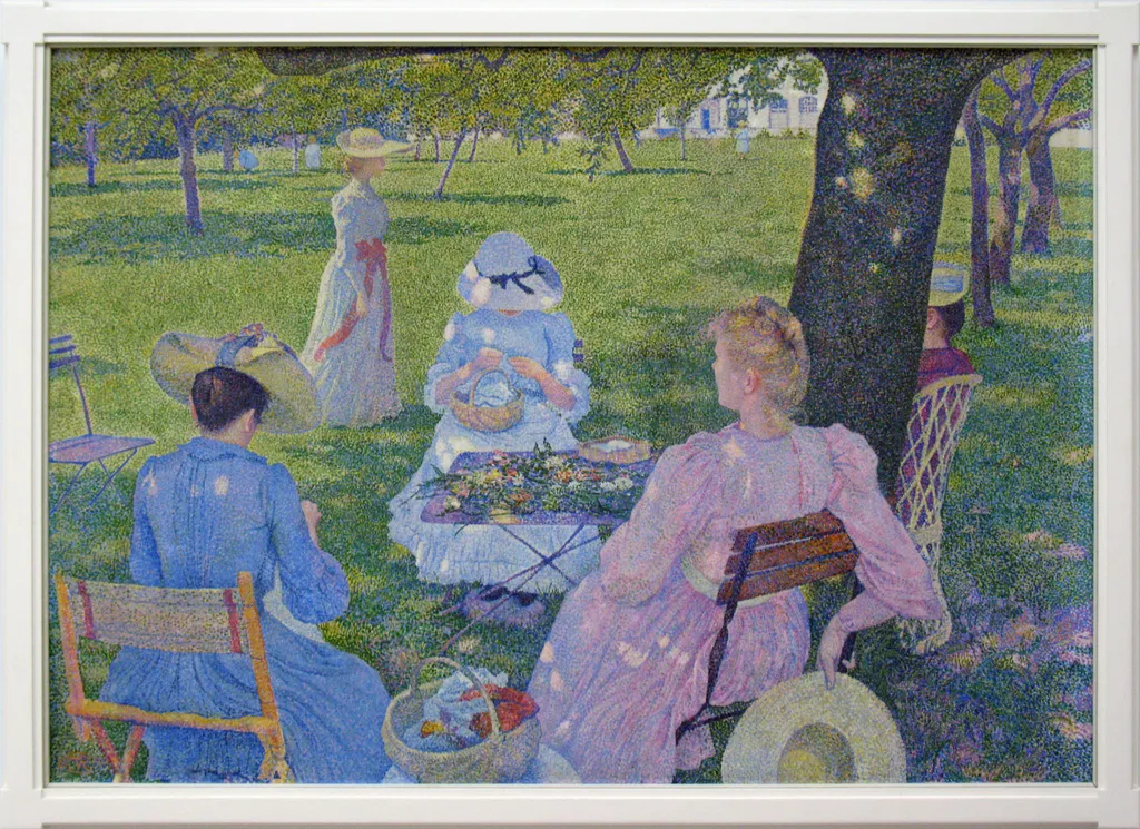 A family gathering in an orchard, by Théo van Rysselberghe, oil, 1896