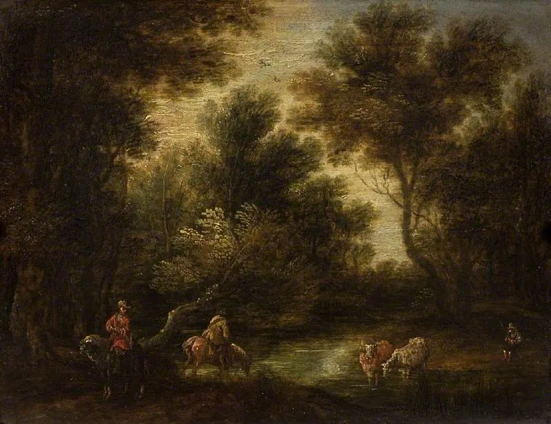 Wooded landscape with stream and figures, by Théobald Michau, oil, 1726