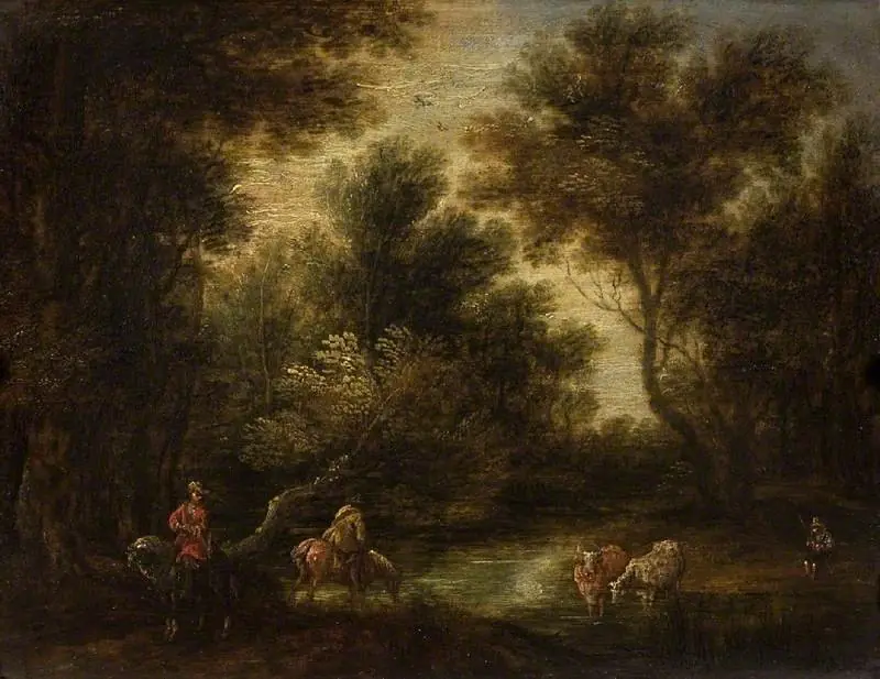 Wooded landscape with stream and figures, by Théobald Michau