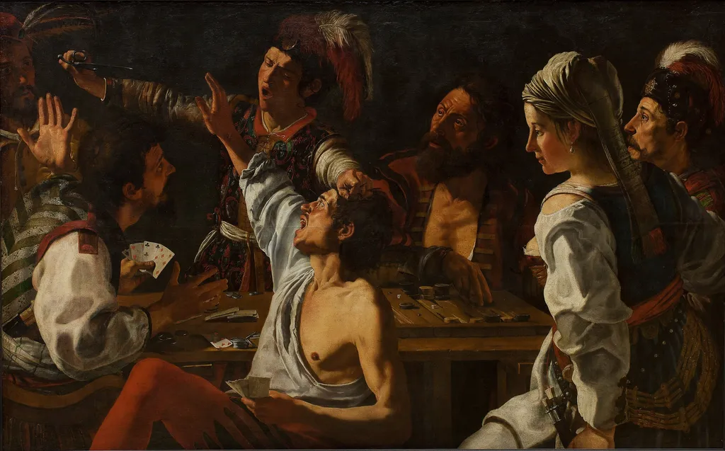 Card and Backgammon Players. Fight over Cards, by Theodoor Rombouts, oil, 1620