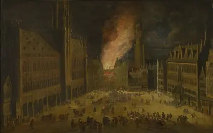 Fire of the house the Wolvin in Brussels in 1690, by Theodoor van Heil