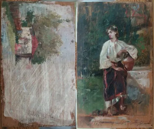 Fata cu ulciorul lângă fântână; Schiță peisaj cu casă (verso), by Theodor Aman