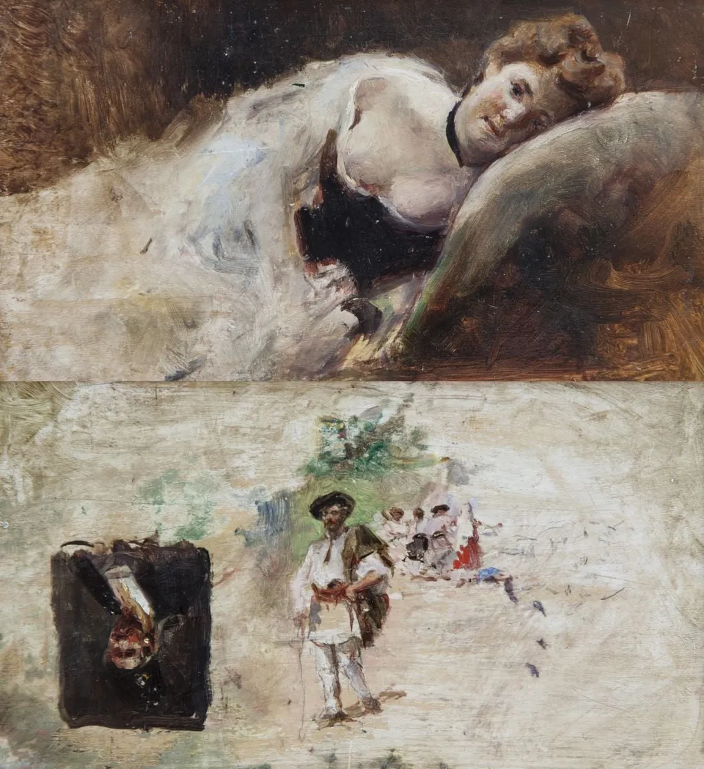 Femeie culcată. Verso, trei eboșe: Țăran cu suman, Studiu pentru Hora de la Aninoasa și Portret de răzeș, by Theodor Aman, 1850