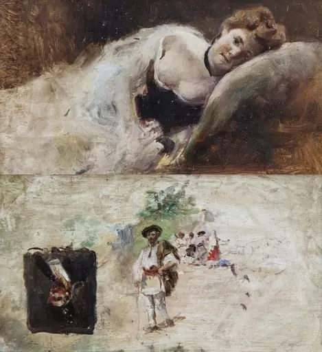 Femeie culcată. Verso, trei eboșe: Țăran cu suman, Studiu pentru Hora de la Aninoasa și Portret de răzeș, by Theodor Aman