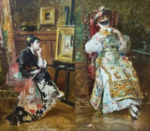 Femeie privind un tablou pe șevalet/Femeie cu mască, în costum național (verso), by Theodor Aman