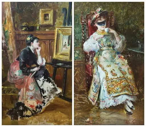 Femeie privind un tablou pe șevalet/verso: Femeie cu mască, în costum național, studiu în ulei, by Theodor Aman