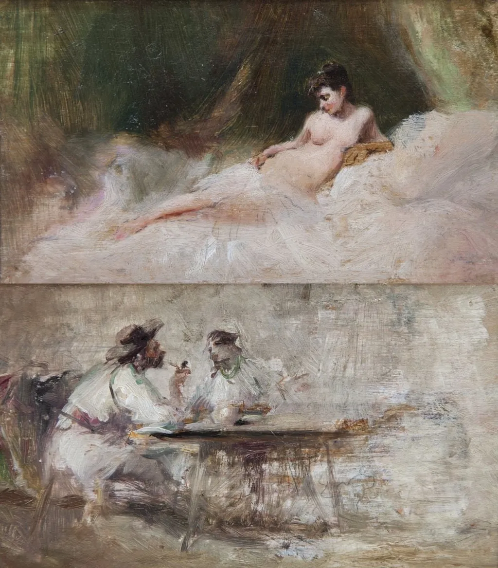 Nud. Verso: De vorbă, eboșă pentru Hora de la Aninoasa, by Theodor Aman, 1850