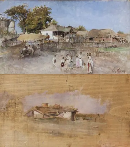 Scenă campestră. Verso: Peisaj cu bordeie îngropate, eboșă, by Theodor Aman
