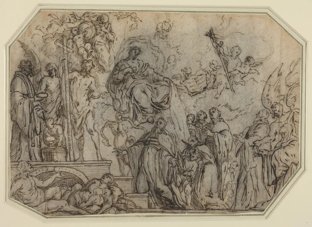 The Trinity and the Virgin Appearing to Ecclesiastics, by Theodor Boeyermans, ink, 1649